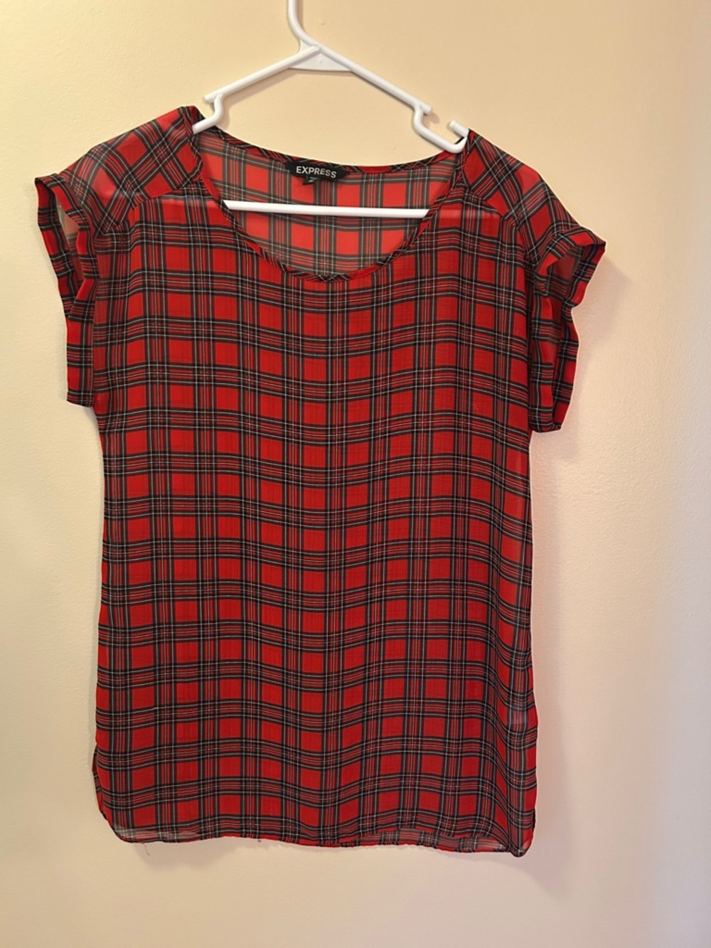 Express Red Black Plaid Blouse Women’s XS Short Sleeve Casual Top